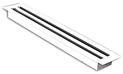 A linear slot diffuser is popular in contemporary homes and usually appears as a long narrow rectangular slot that is mostly semi-concealed in a fixed or suspended ceiling. Linear slot grilles may be single or contain a different number of slots in white and anodised silver finishes.